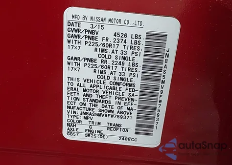 2015 Nissan Rogue Select S from USA, damaged, VIN JN8AS5MV9FW759371